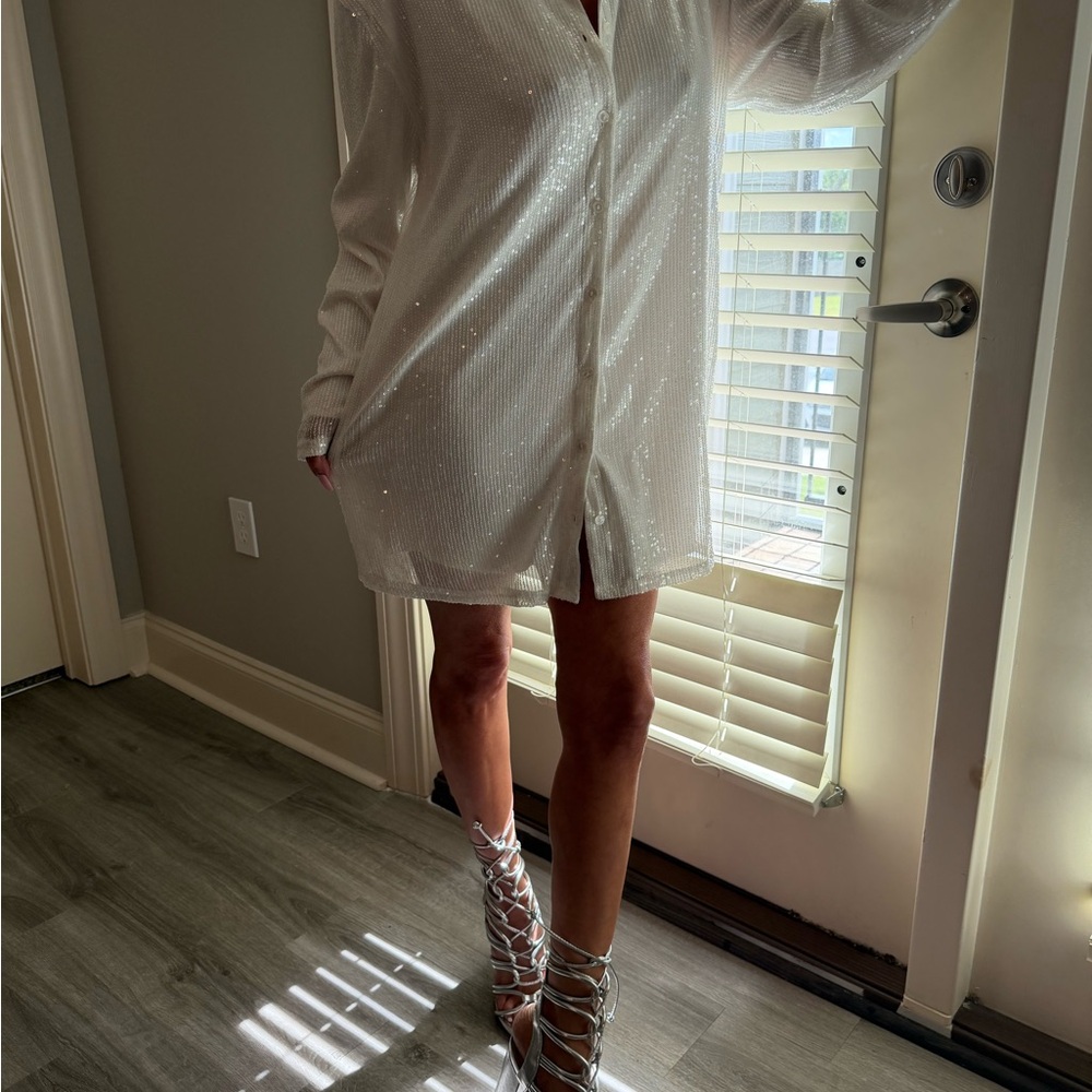 Fashion Nova Women's Sparkling White Button Down Shirt